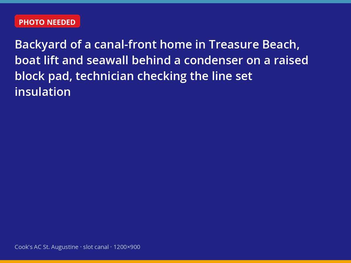 Technician inspecting an outdoor unit beside a seawall on a Treasure Beach canal