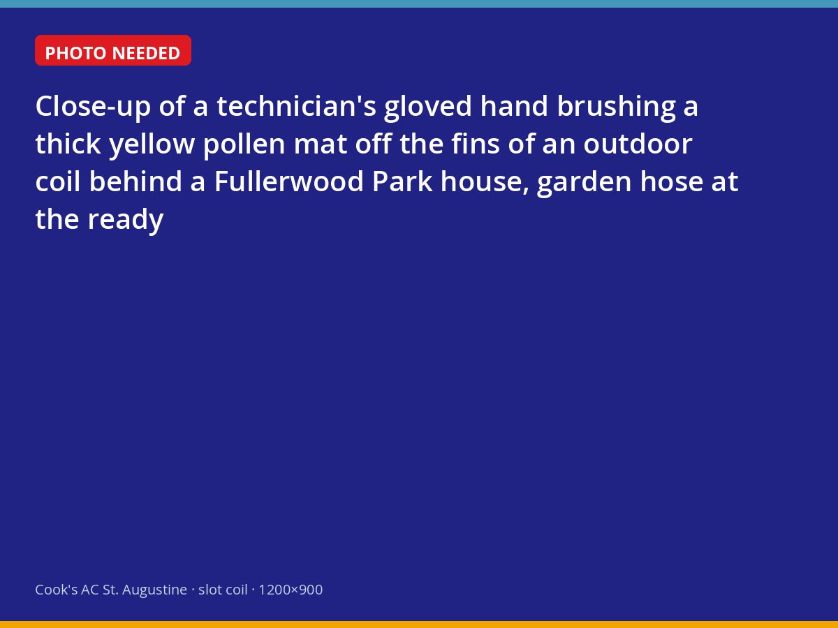 Technician cleaning oak pollen from an outdoor air conditioner coil in Fullerwood Park