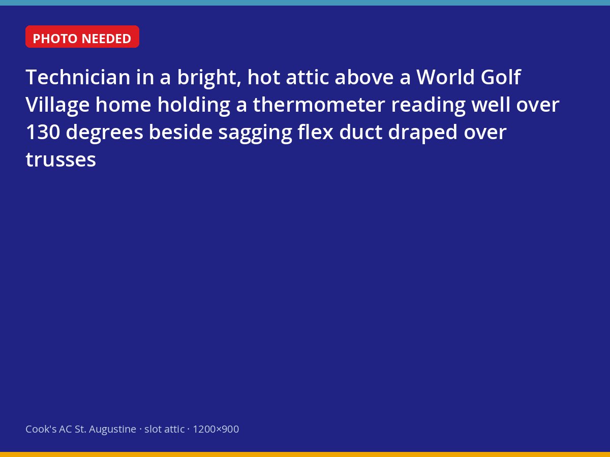 Technician measuring attic temperature beside sagging flex duct in a World Golf Village home