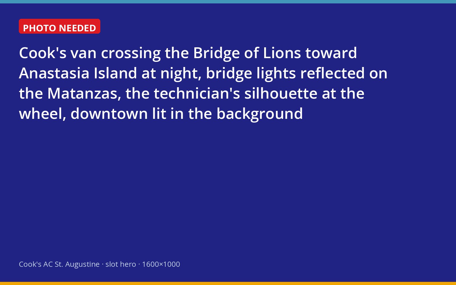 Cook's service van crossing the Bridge of Lions at night on an emergency call in St. Augustine