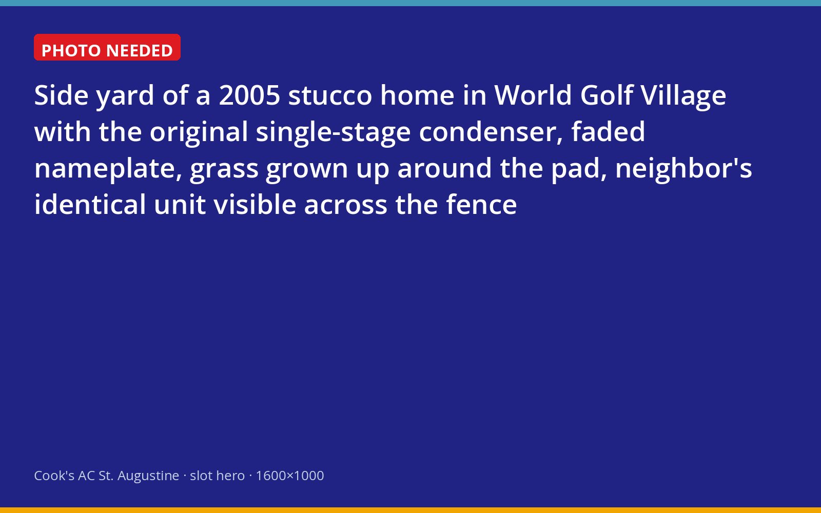 Original builder-installed outdoor AC unit beside a World Golf Village home, with the neighbor's matching unit beyond