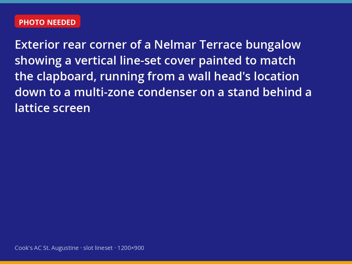 Painted line-set cover and screened multi-zone condenser at the rear of a Nelmar Terrace bungalow