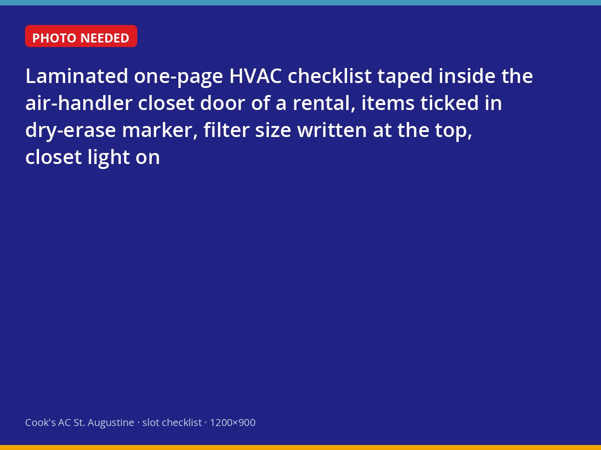 Laminated HVAC turnover checklist inside a rental property's air-handler closet