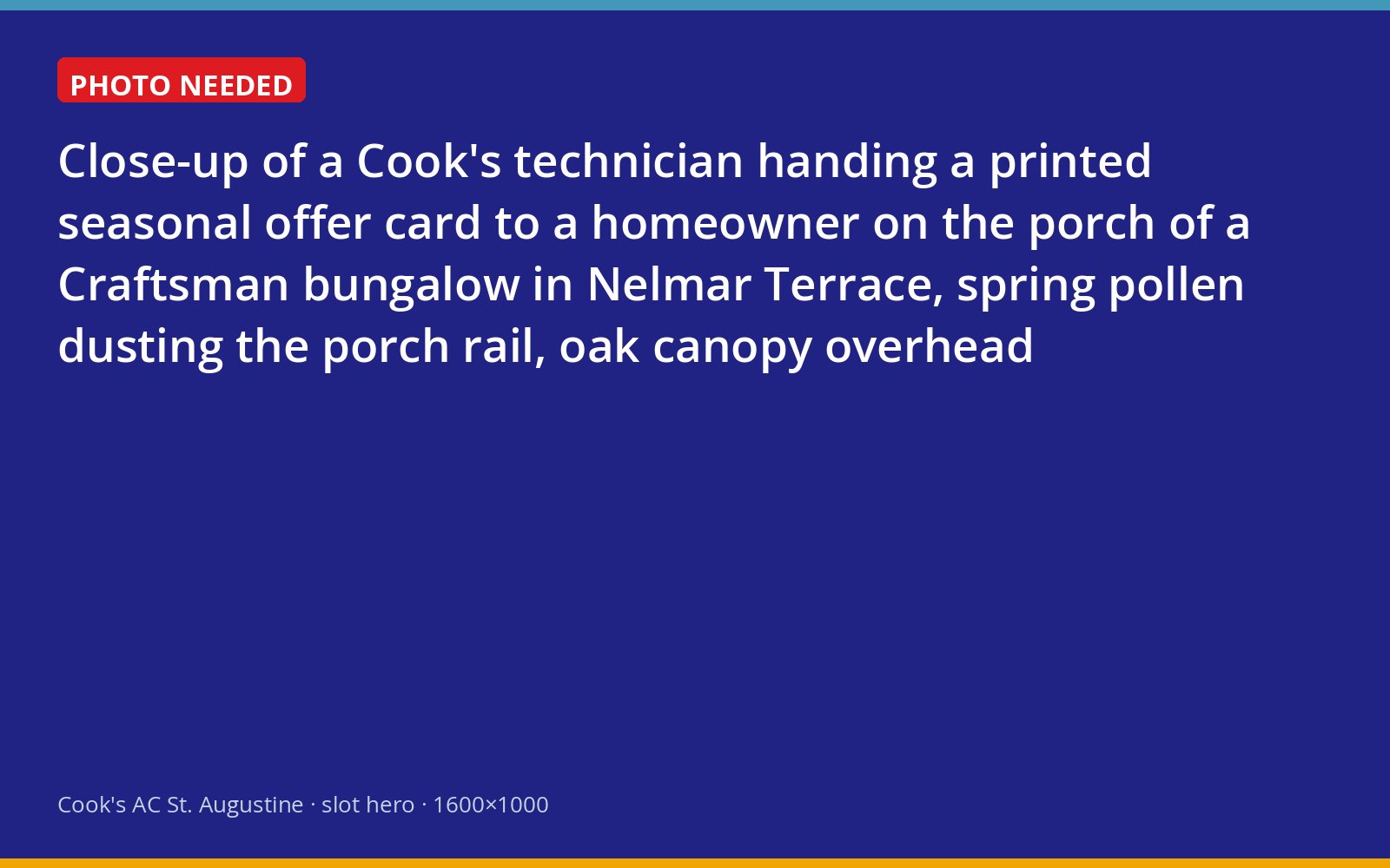Cook's technician handing a seasonal offer to a homeowner at a Nelmar Terrace bungalow in St. Augustine