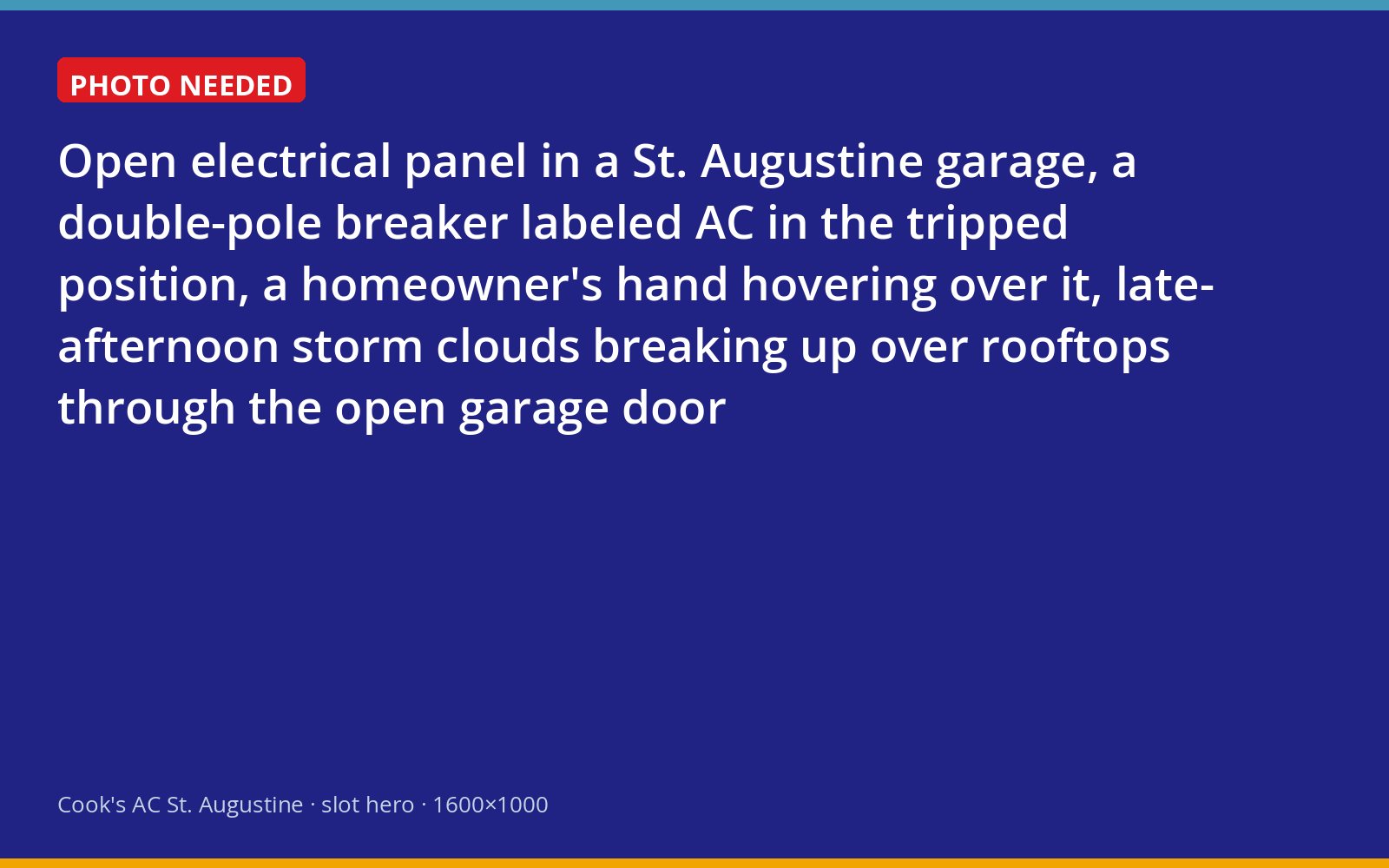 Tripped double-pole air conditioner breaker in a St. Augustine garage panel after an afternoon storm
