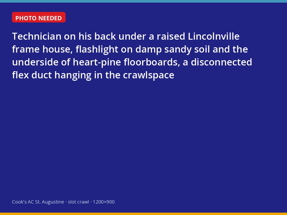 Damp crawlspace beneath a Lincolnville frame house with an open duct