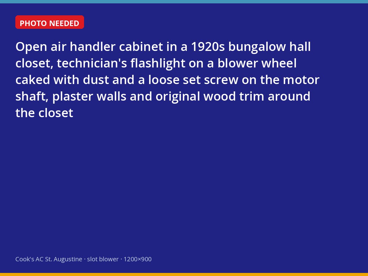 Dust-caked blower wheel inside a closet air handler in a St. Augustine bungalow