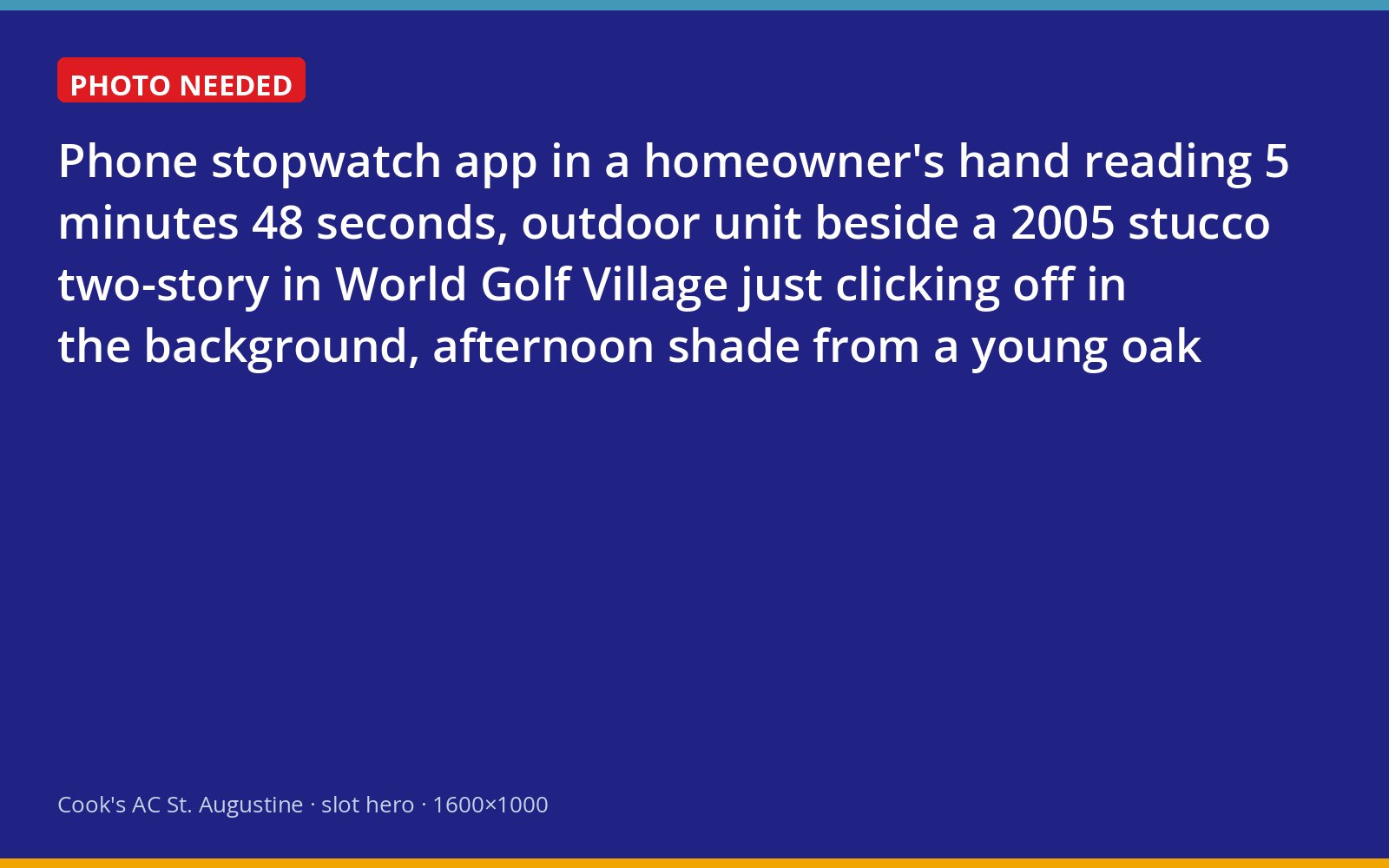 Homeowner timing an air conditioner run cycle with a phone stopwatch outside a World Golf Village home