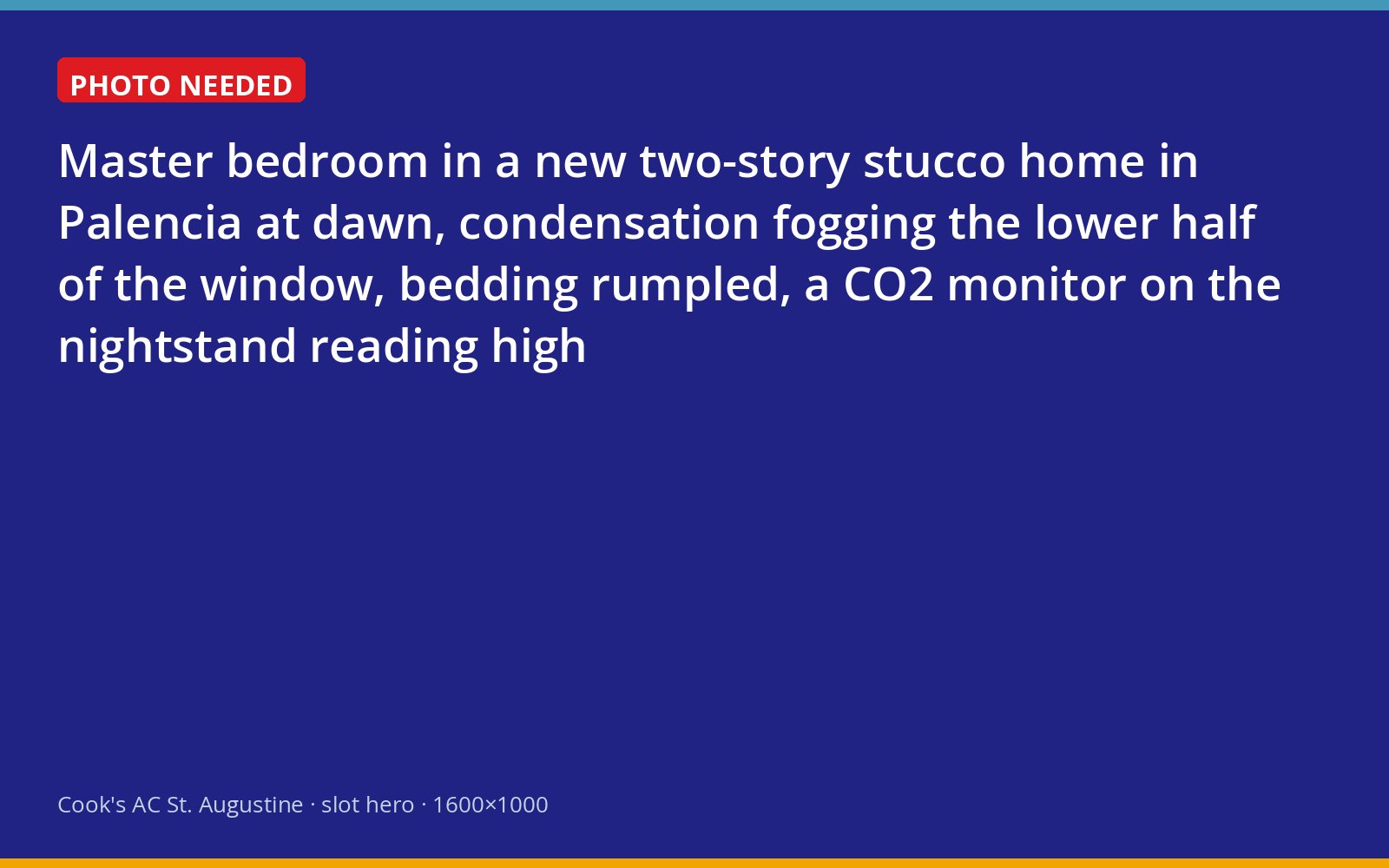 Fogged bedroom window and a CO2 monitor in a new Palencia home at dawn