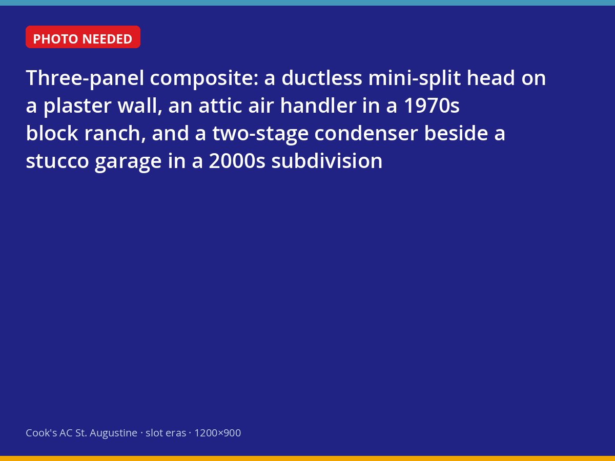 Three kinds of St. Augustine cooling equipment: mini-split, attic air handler and modern condenser