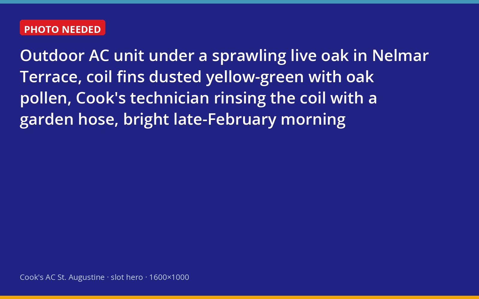Cook's technician rinsing oak pollen off an outdoor AC coil beneath a live oak in St. Augustine