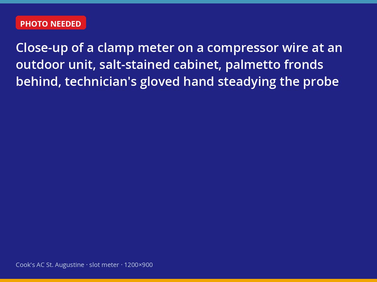 Clamp meter measuring compressor amperage on a weathered outdoor AC unit