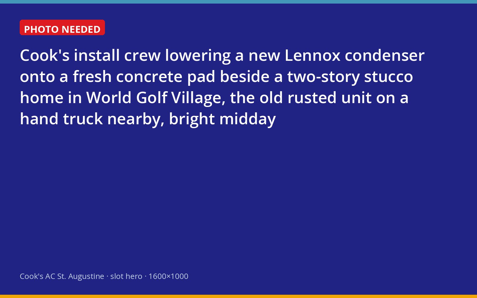 Cook's crew setting a new Lennox air conditioner at a 2000s-era home in World Golf Village