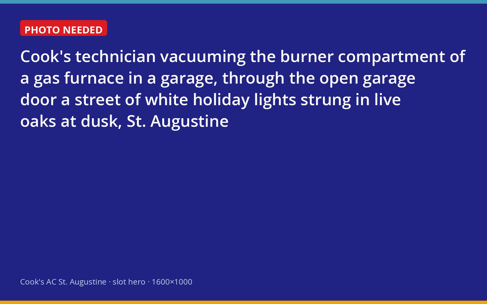 Cook's technician servicing a gas furnace in a St. Augustine garage at dusk during the holiday lights season