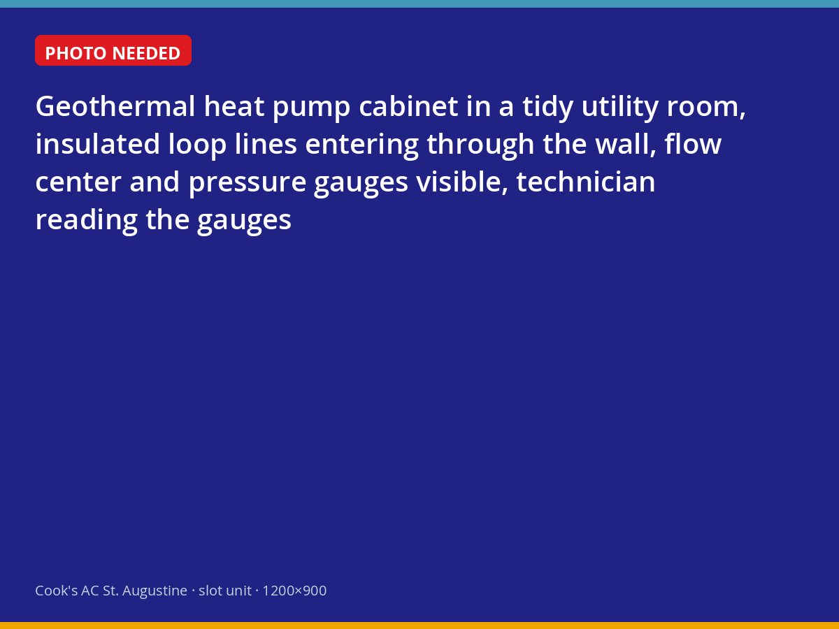 Indoor geothermal heat pump with flow center and gauges in a St. Johns County utility room