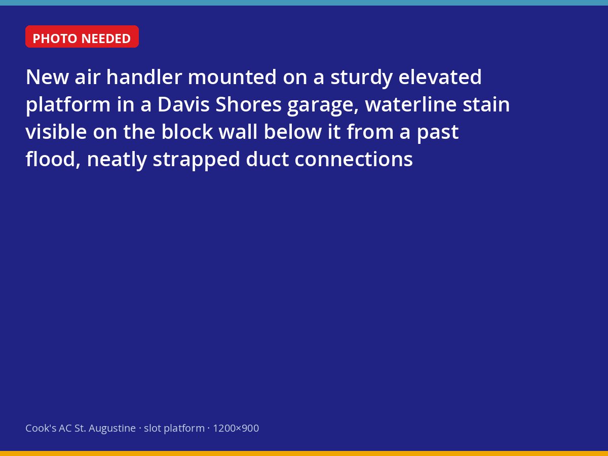 Elevated air handler platform in a Davis Shores garage with an old flood waterline on the wall